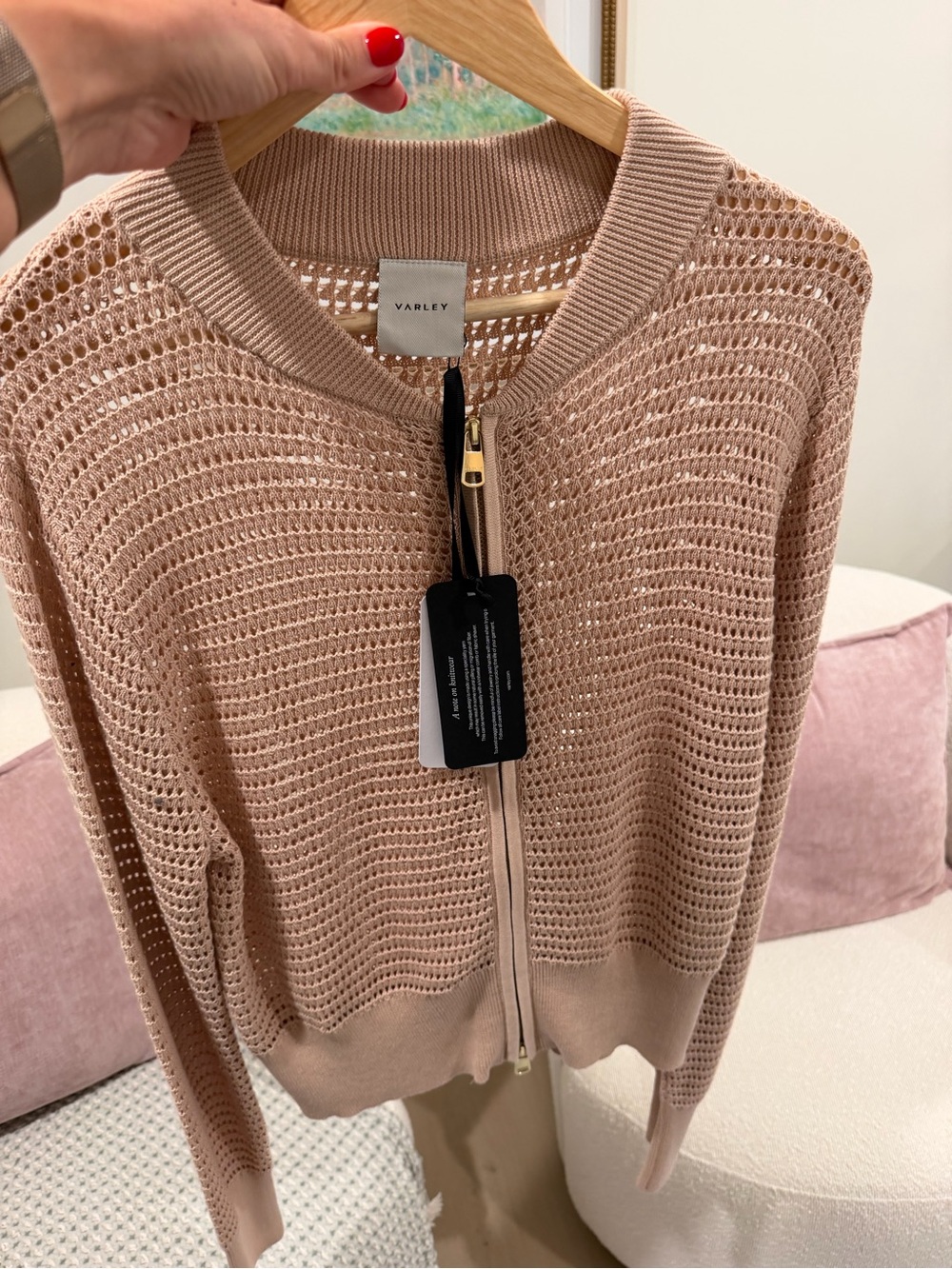 Varley Open-Knit Zip Cardigan in Blush Tan